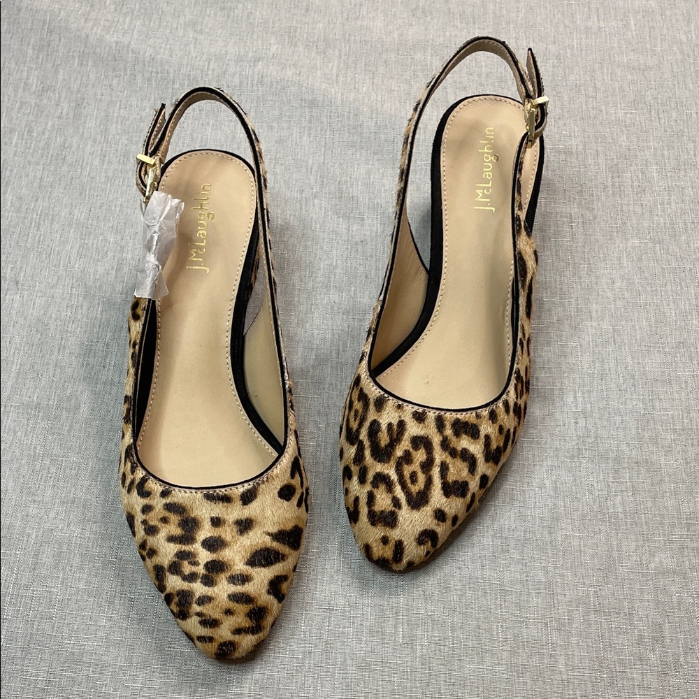 NEW J McLaughlin Jocelyn Leopard Slingback Heels Cow Hair Block Heel 7 Shoes